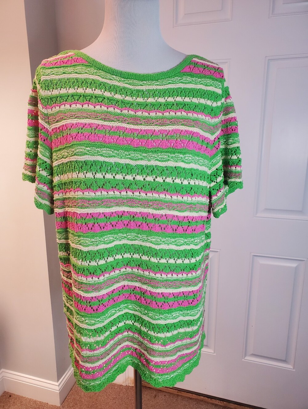 Boho By Kim Gravel Pointelle Green & Pink Striped Knit Top